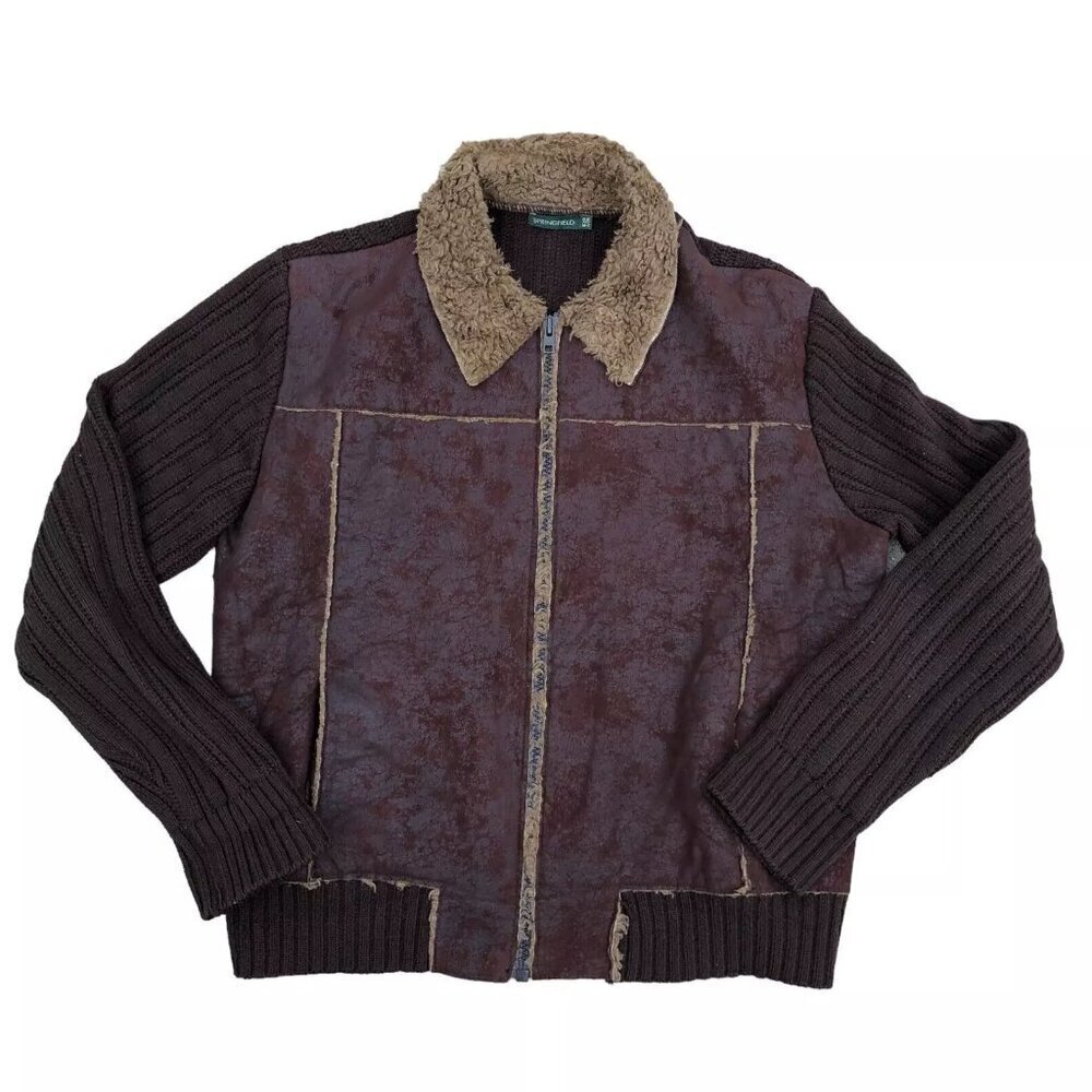 VTG SPRINGFIELD Vegan Leather Suede Jacket Men's MED Knit Wool Blend Brown​​​​